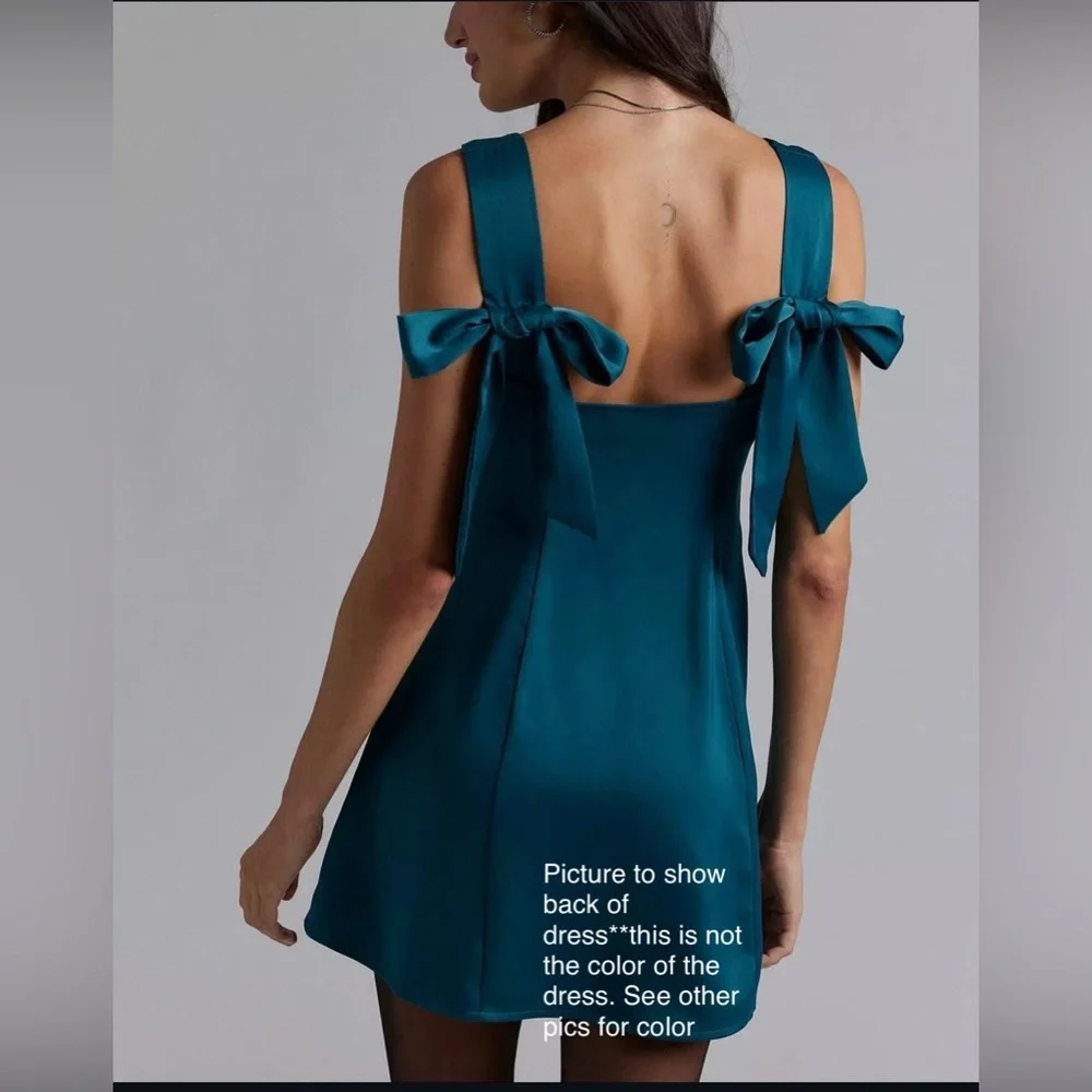 NWT Urban Outfitters Bri Double Bow Satin Mini Dress Teal Medium - Picture 1 of 9